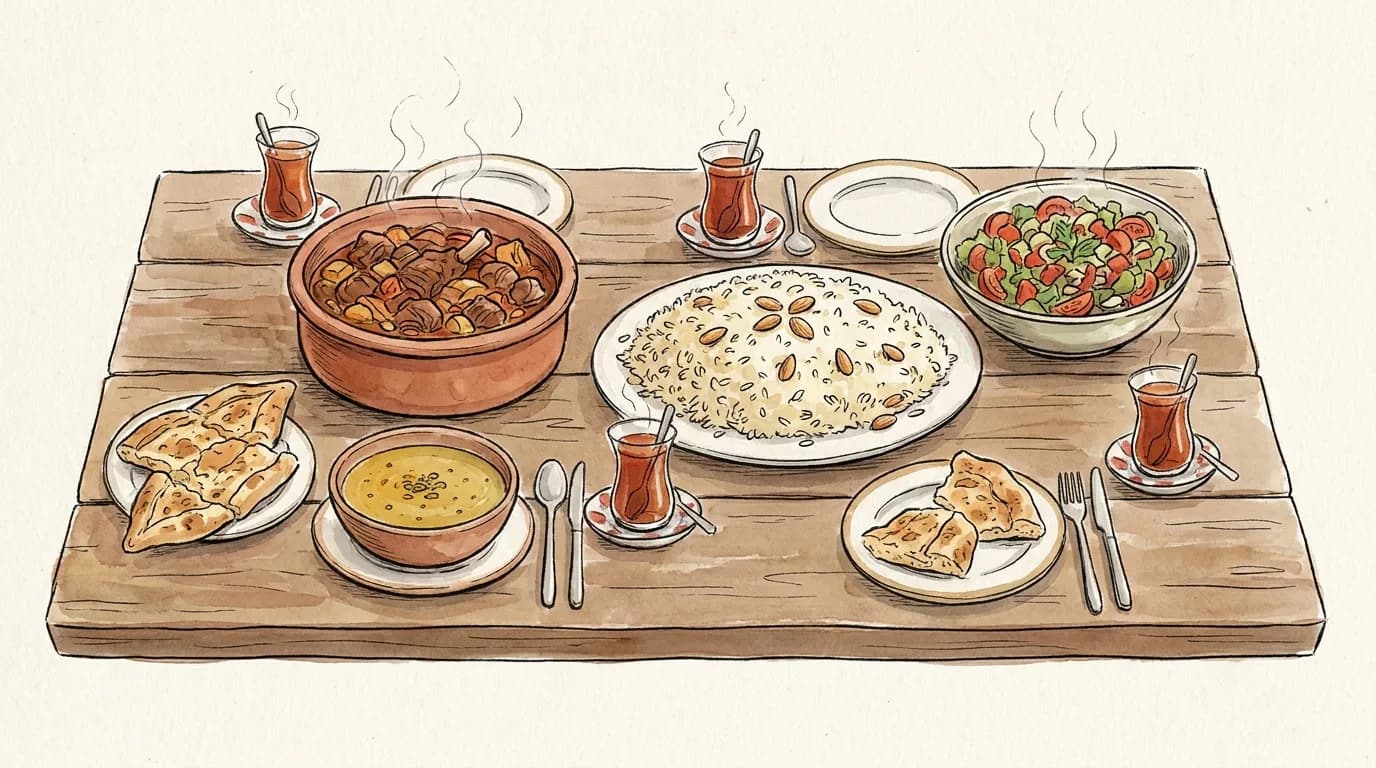 Çorba, pilav, sulu yemek, salata, ekmek ve çaydan oluşan çizimli ev yemeği sofrası