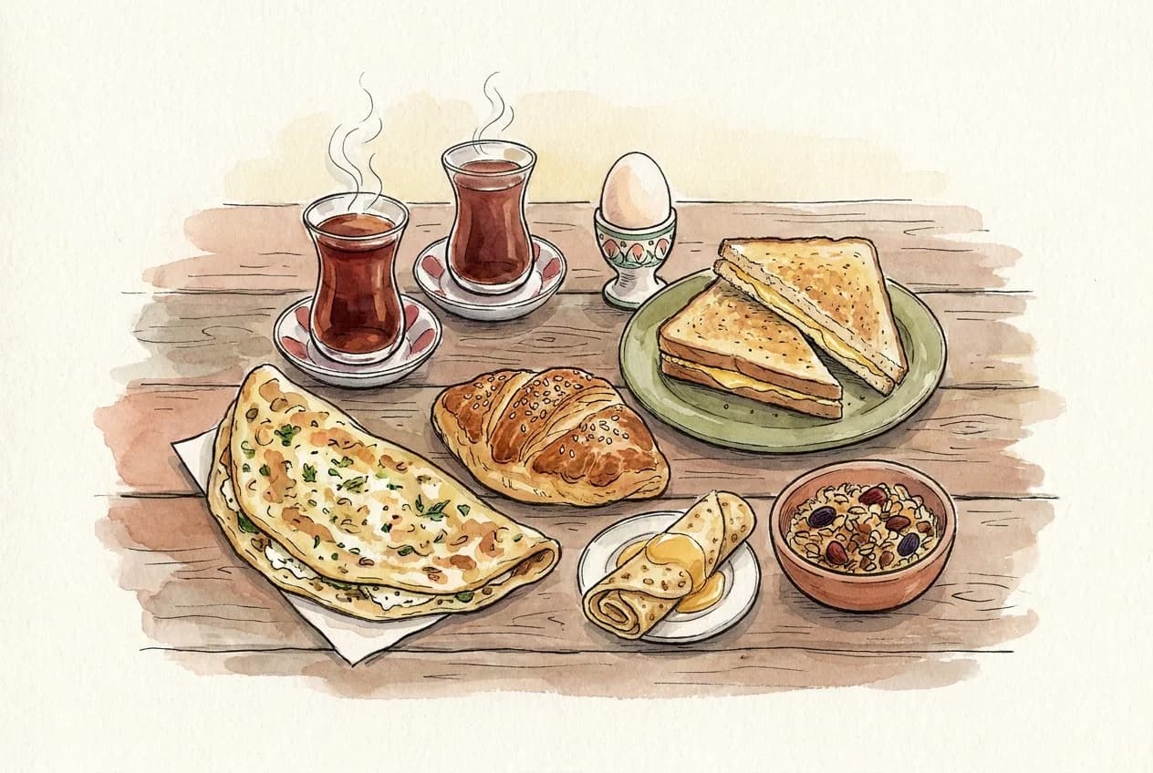 Çay, gözleme, poğaça, tost ve krepten oluşan çizimli Nira Bereket sabah kahvaltısı